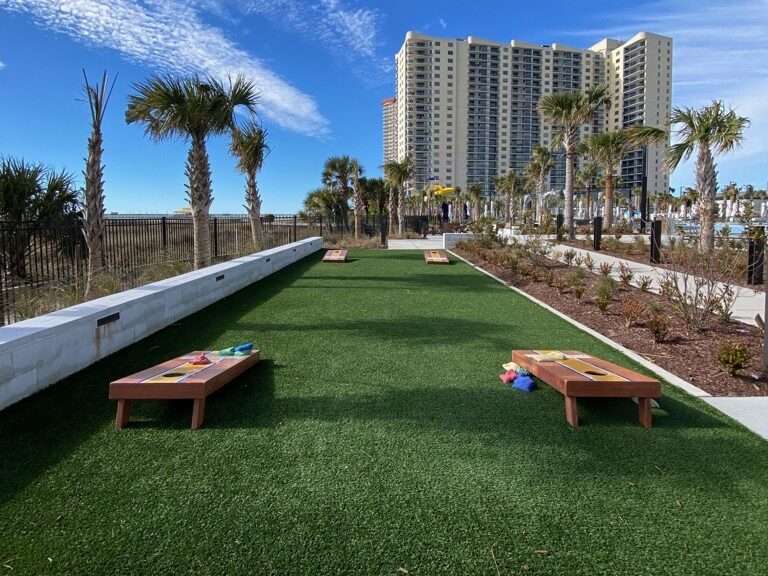 artificial turf cornhole at hotel