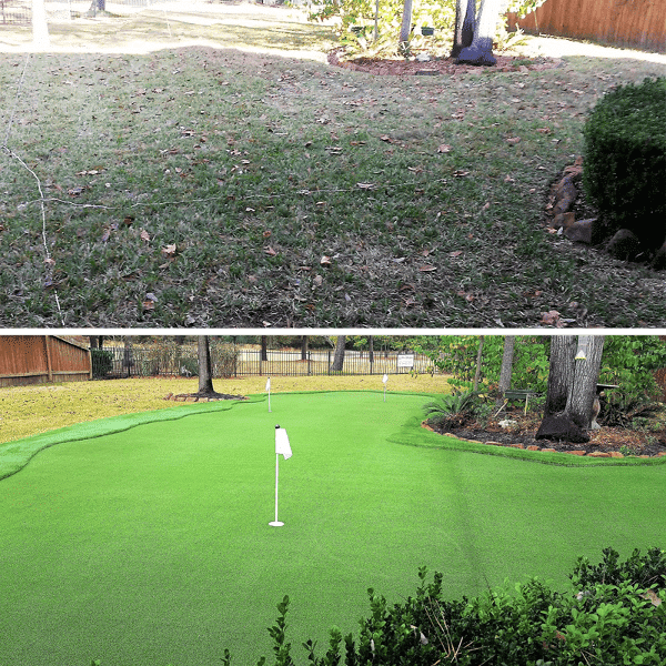 Before and after artificial putting grass installed in backyard